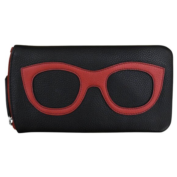 ILI New York Leather Eyeglass Case Zip Glasses RFID Blocking Wallet Black Red NW - Picture 1 of 7